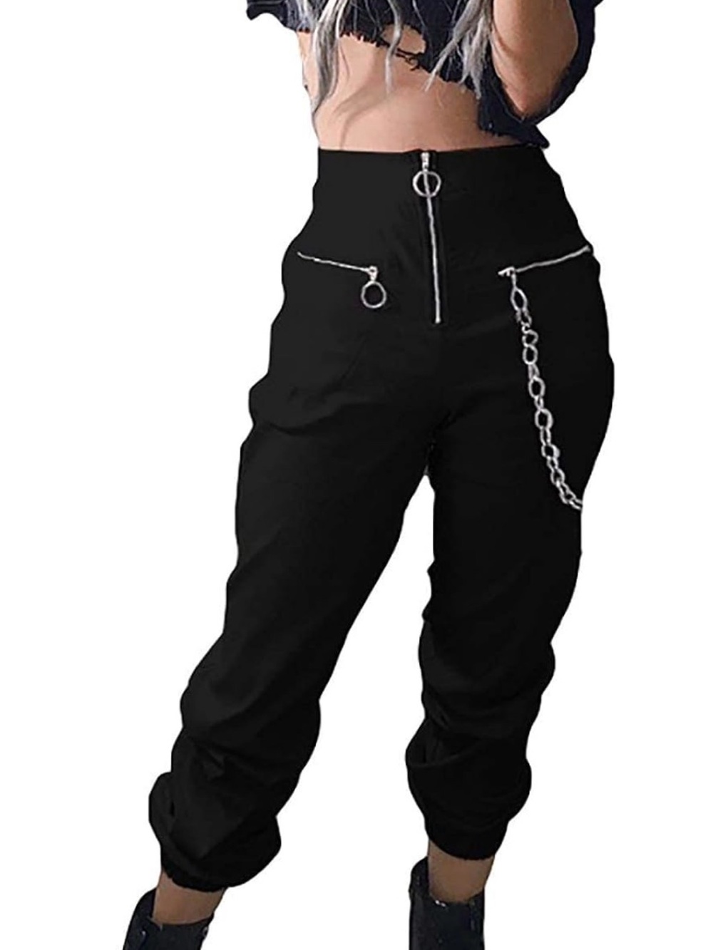 High-Waist Black Cargo Joggers with Chain Detail